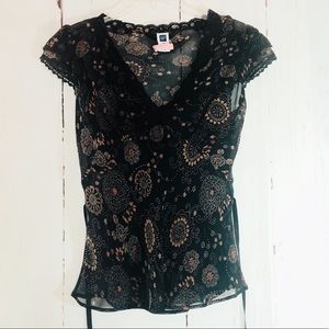 GAP | Black Silk Boho Floral Baby Doll Top w/ Tie